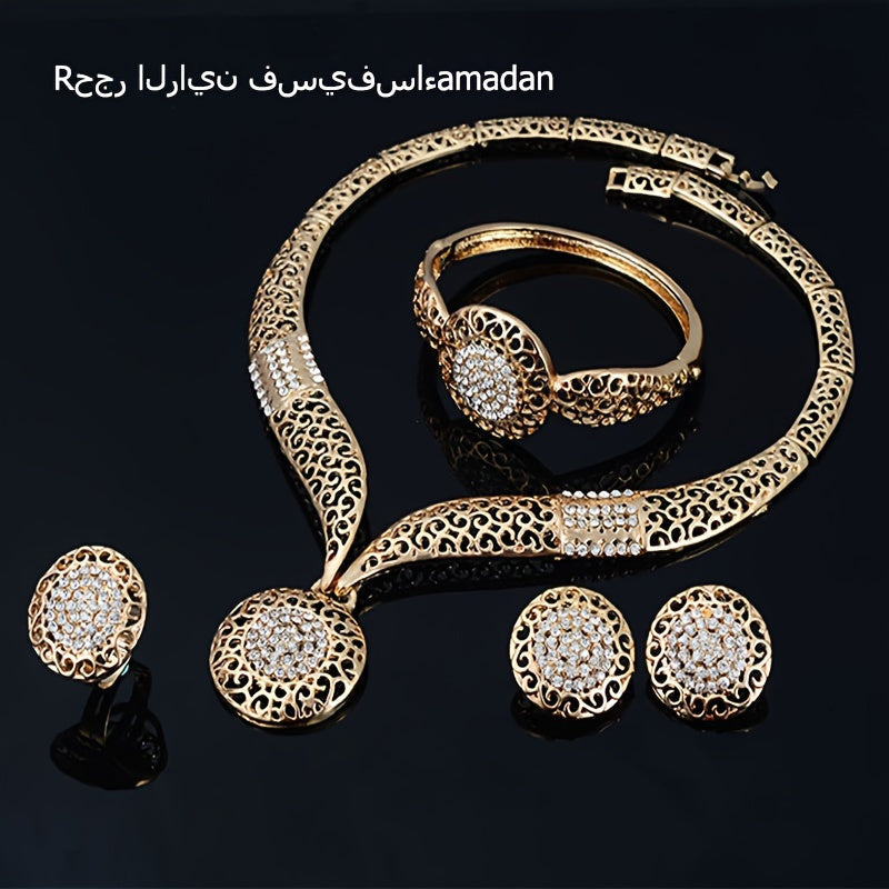 Golden Bangle, Necklace, Earrings, & Ring Set with Rhinestones inspired by Middle Eastern Bridal Jewelry, Perfect for Wedding & Mother's Day Gifts