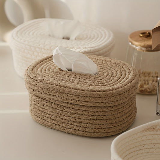 Rustic beige rope-woven tissue box with decorative bow. Ideal for home, car, or commercial use.