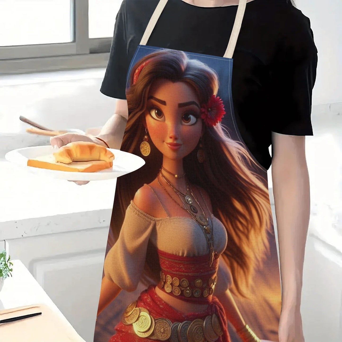 Waterproof apron featuring Disney's Elsa character, made from durable polyester with a vibrant floral pattern. Suitable for use in hotels, supermarkets, restaurants, fruit shops, milk tea stands, or at home.