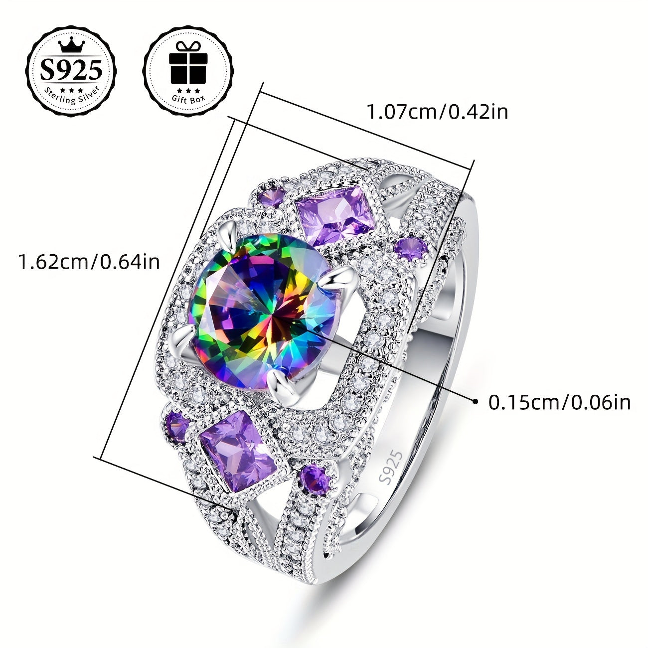 A stunning S925 Sterling Silver Ring with 24K Golden Plating, adorned with vibrant Multicolor Cubic Zirconia and Purple Gemstones - Perfect for Weddings, Parties, or as a Valentine's Day Gift. Includes a luxurious gift box, crafted with high-quality