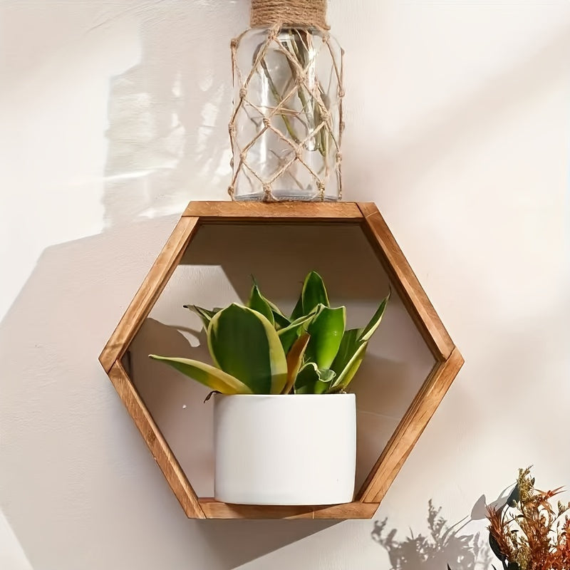 Brown Wood Hexagon Floating Shelf- Ideal for Bedroom and Living Room Decor- Wall-Mounted DIY Home Accent