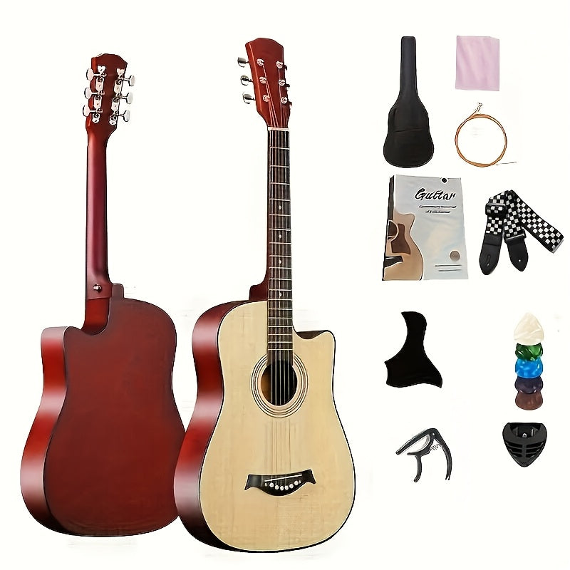 Comprehensive acoustic guitar starter kit with premium basswood guitars in various colors, accessories, and teaching materials - perfect for all skill levels, including beginners and