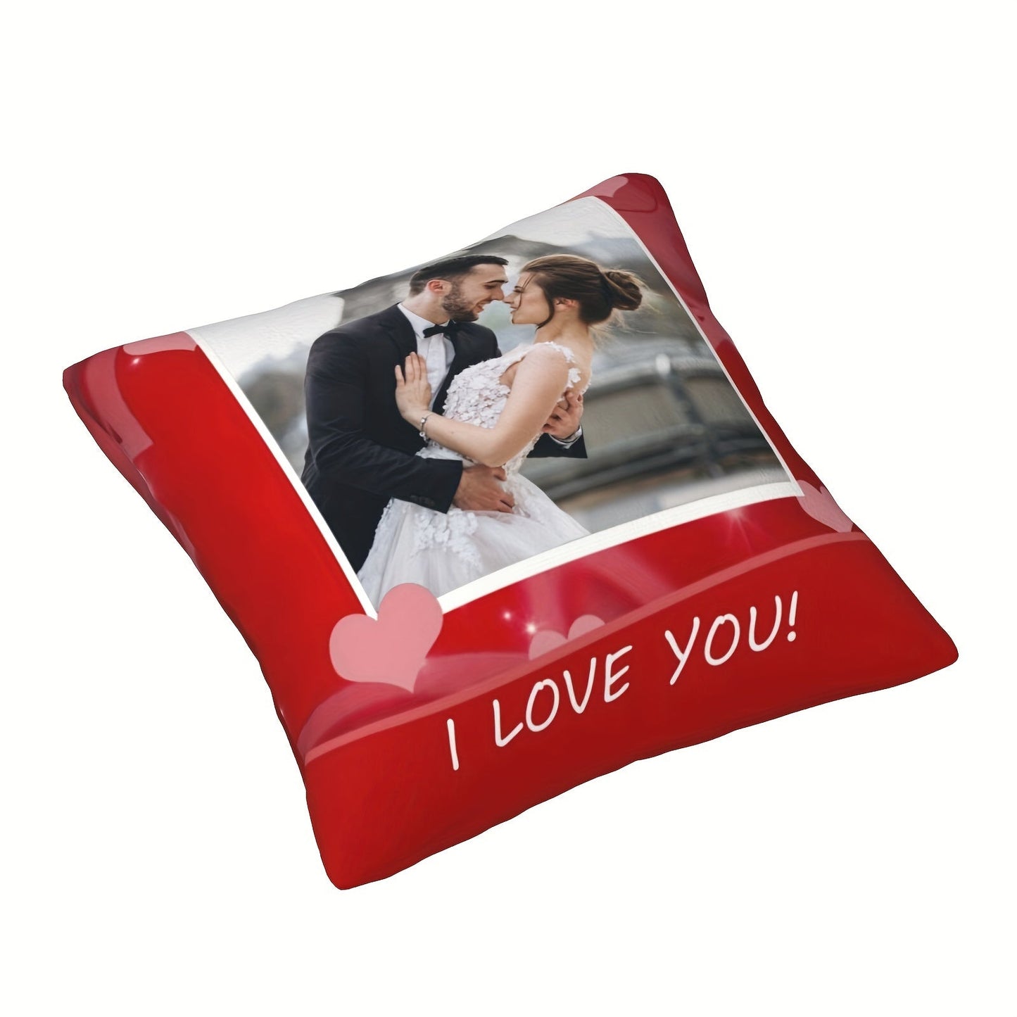 Customize your Polyester Plush Pillow (14+) with a special "I Love You" theme and personalized photo. This unique and customizable wedding anniversary or Valentine's gift is sure to make your loved one feel special. Add your own custom image to the