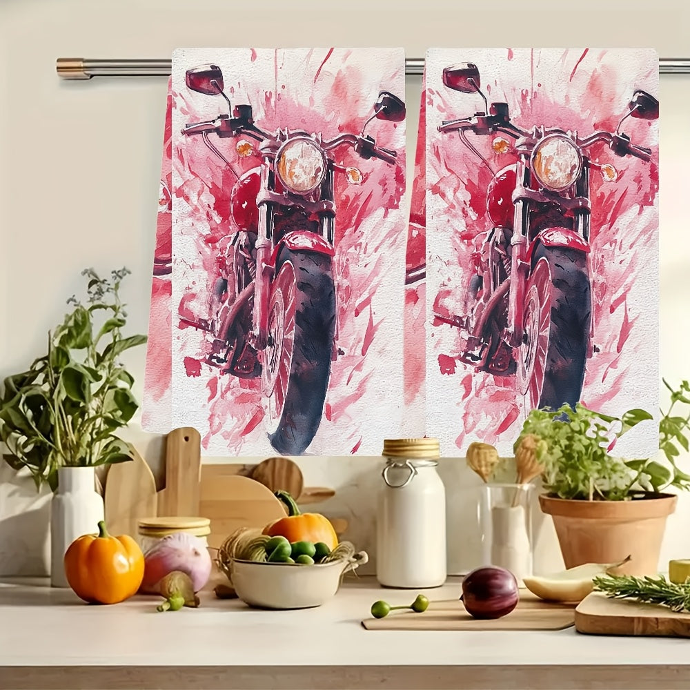 Two pieces of luxurious polyester kitchen towels, sized 40.64x60.96 cm - featuring a vibrant Valentine's Day motorcycle design. These highly absorbent and machine washable dish hand towels are perfect for holiday decor in your kitchen.