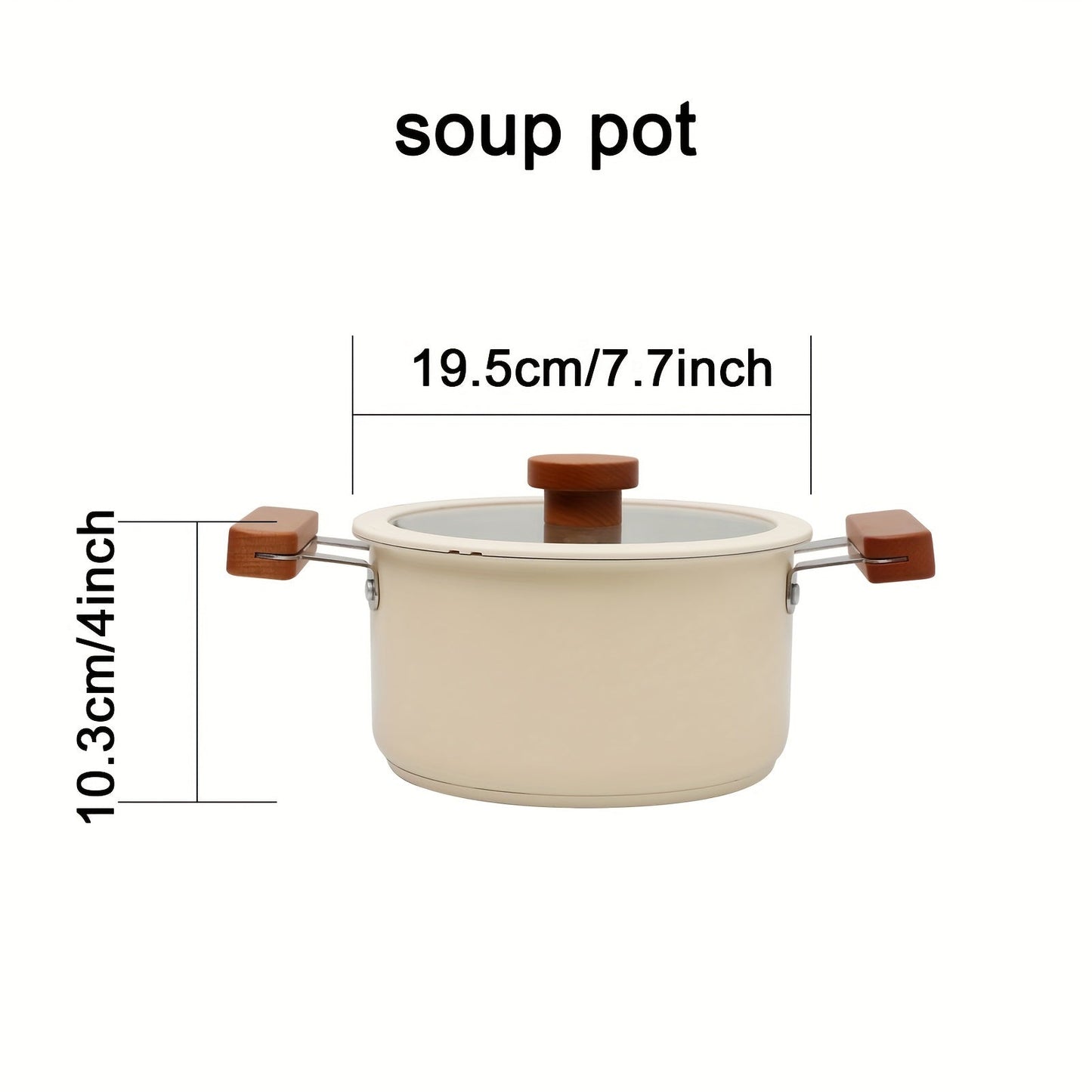 Stainless Steel Kitchenware Set with High Temperature Ceramic Paint, Tempered Glass Lid, and Wooden Handle. Features a 3-layer Aluminum Core Base, Suitable for All Stoves. Includes Beige Sauce Pot, Soup Pot, and Hot Pot.