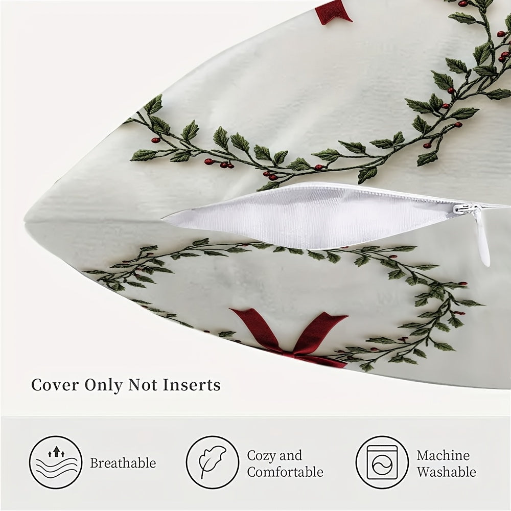 Embroidered Mistletoe Wreath Pillow Cover, made of 100% Polyester. Features Square Zippered Cushion Case, Double-Sided Short Plush. Machine Washable. Perfect for Christmas & Easter Decor. Suitable for age 14 and up. Pillow not included.