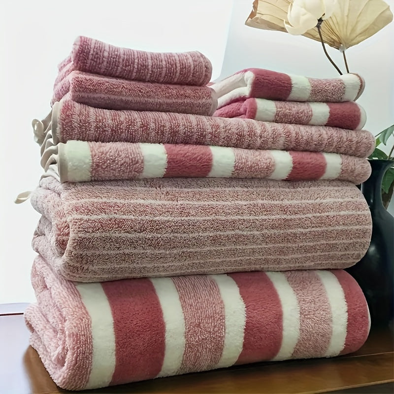 8-piece Striped Bath Towel Set with face, hand, and bath towels for hotel, sports, travel, fitness, and yoga. Soft, absorbent, and quick-dry. Ideal bathroom essentials with decorative towel