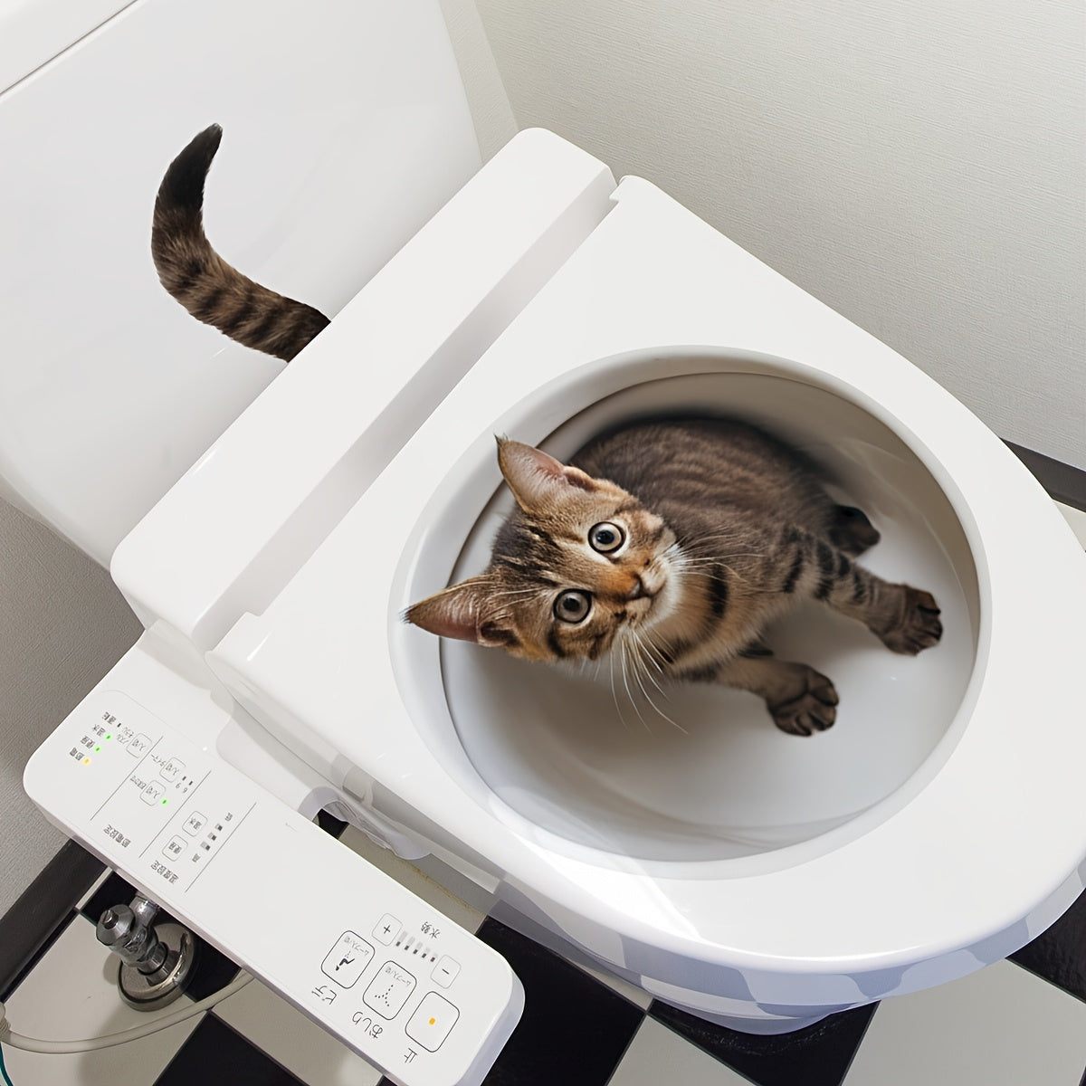 3D cat toilet lid decal with animal print, self-adhesive PVC, plastic surface, for bathroom decoration.