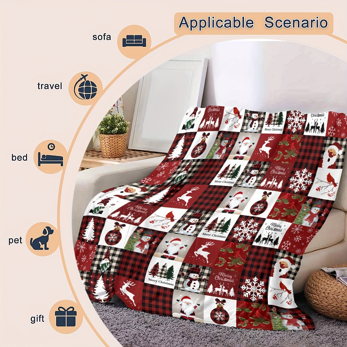 Cozy Christmas Reindeer & Snowflake Throw Blanket made from Soft Polyester Flannel - Perfect for All Seasons. Featuring a Reversible design with Durable Digital Print in a Contemporary Style. Versatile and Multi-Purpose for use on Sofa, Bed, Office Nap