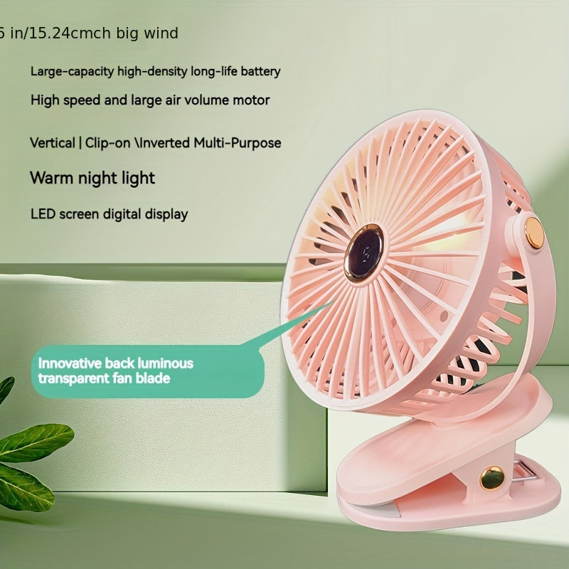 Ideal for students and office workers, this Portable Clip-on Fan comes with an LED display, USB rechargeable mini desk fan, silent operation, and a 1200mAh battery. Perfect for use at home, in the office, while traveling, or outdoors, this fan makes a