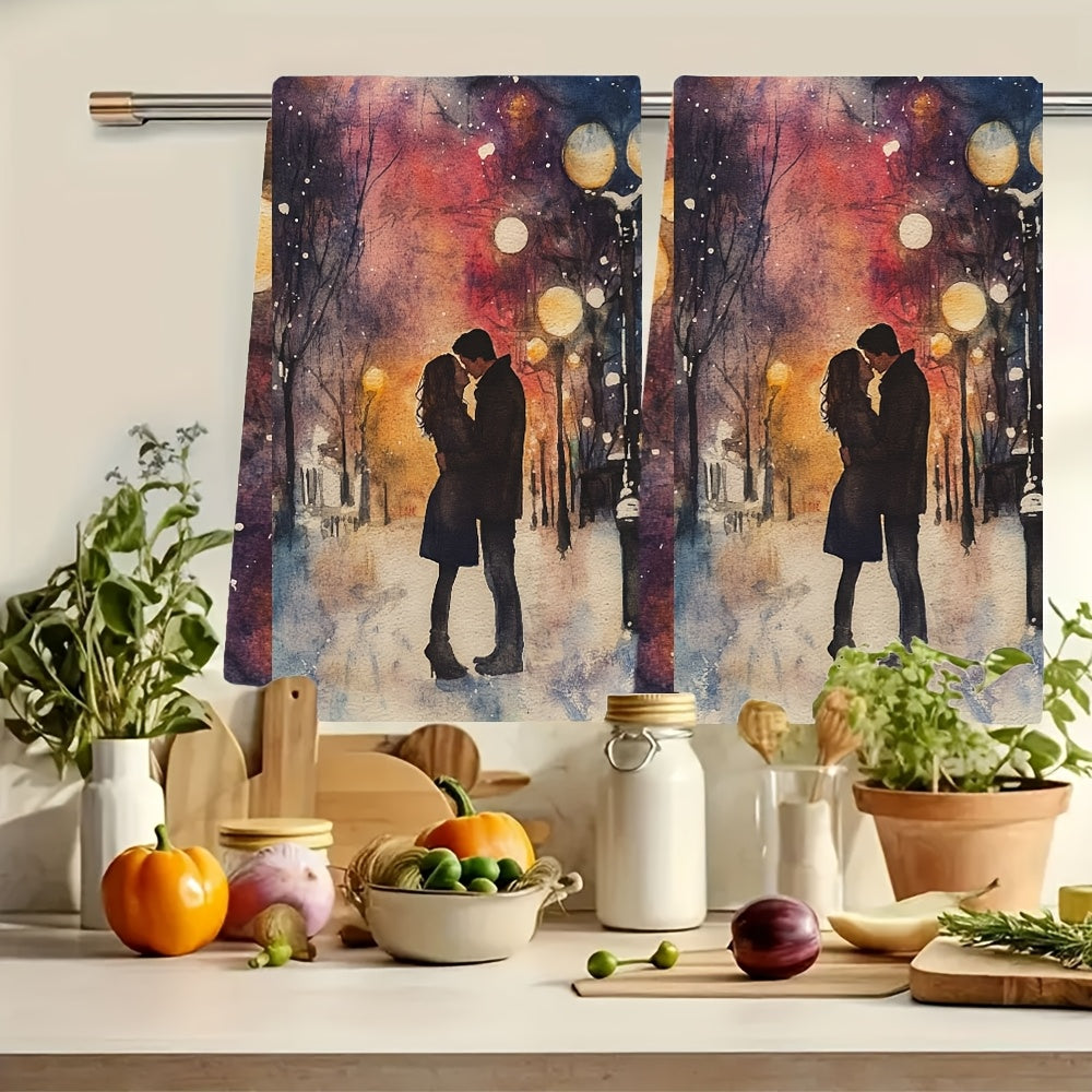 Set of 2 Romantic Sunset Kiss Kitchen Towels - Made with Ultra Soft, Highly Absorbent Polyester Material, Each Towel Measures 40.64x60.96 cm. Easy to Clean in the Washing Machine, Features a Vibrant Winter Scene Design Perfect for Holiday Decor and