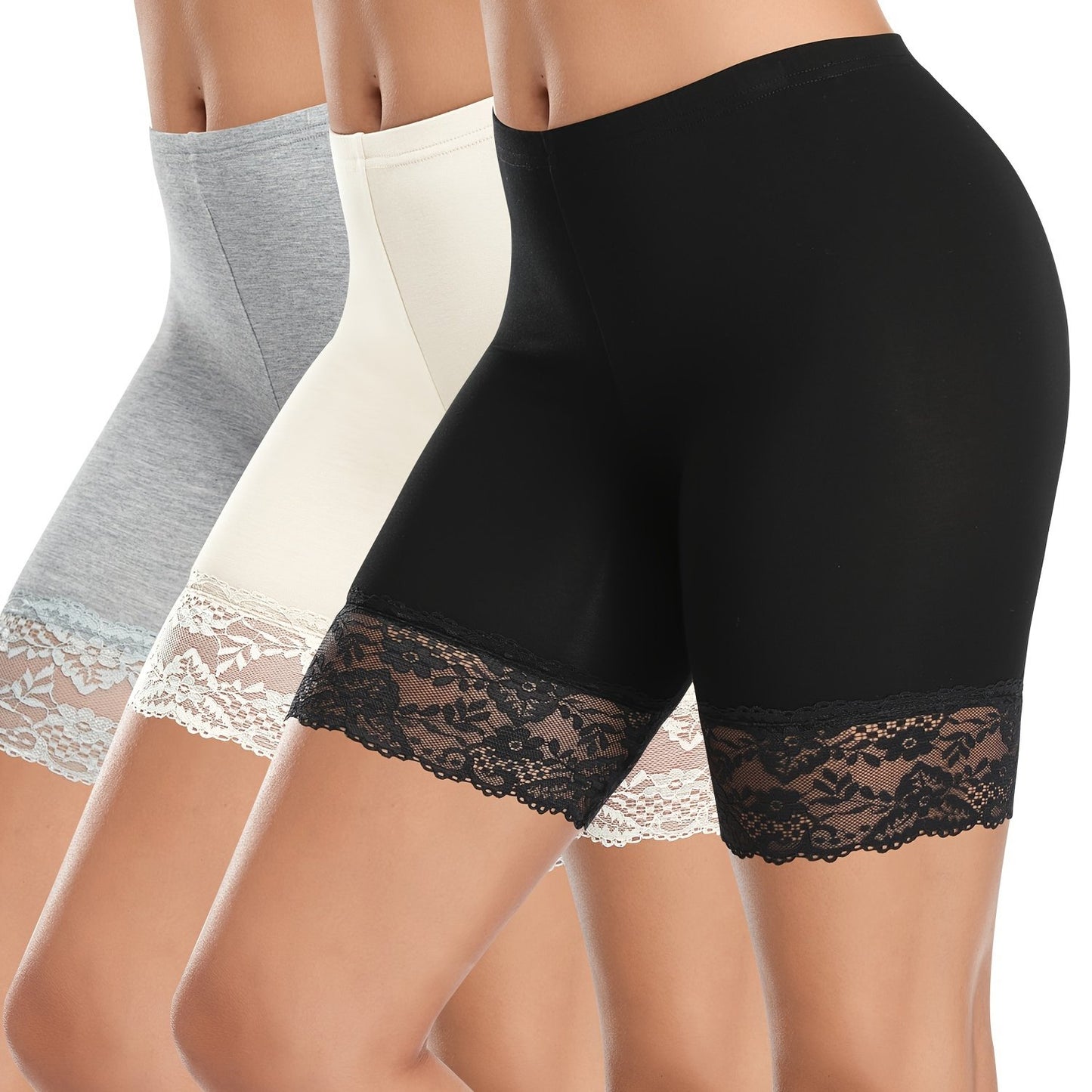 Pack of 3 high-waisted shorts with lace panels, solid color, made of rayon/viscose blend knit fabric, featuring slimming legging style with lace detail.