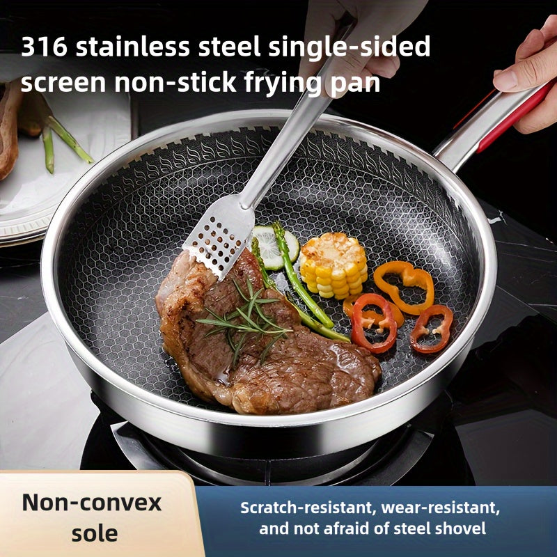 One-piece frying pan made of durable 316 stainless steel, featuring a honeycomb pattern that resists scratches and ensures non-stick cooking. Provides even heat distribution with minimal oil and smoke. Compatible with all stovetops and comes with a lid.