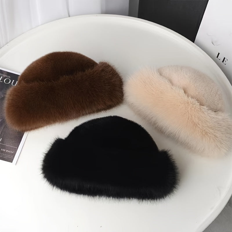 Stylish faux fur bucket hat for women with warm polyester lining.