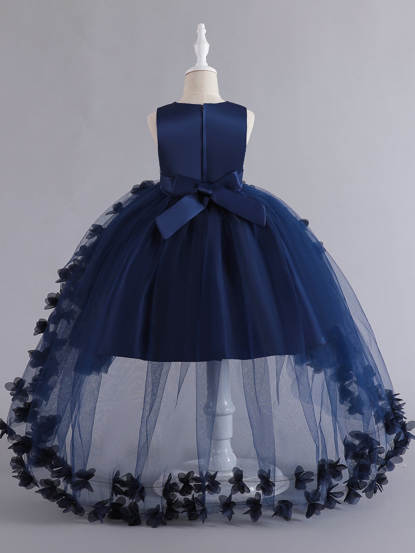 Girls' sleeveless princess gown with floral embroidery and tulle skirt, perfect for pageants, weddings, and formal events. Machine washable, made of polyester.