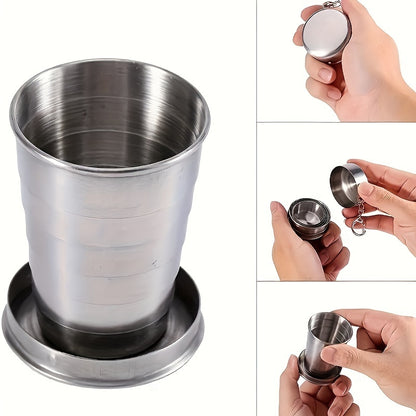 75ml stainless steel folding cup with keychain, ideal for camping and hiking. Hand wash only. Reusable and recyclable.