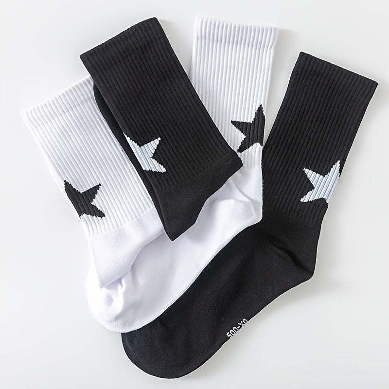 2/3 Pairs of Star Pattern Crew Socks for Men and Women - Breathable Polyester-Spandex Blend, Mid-Calf Basketball Socks with Geometric Design, Black & White, Cute Summer Socks