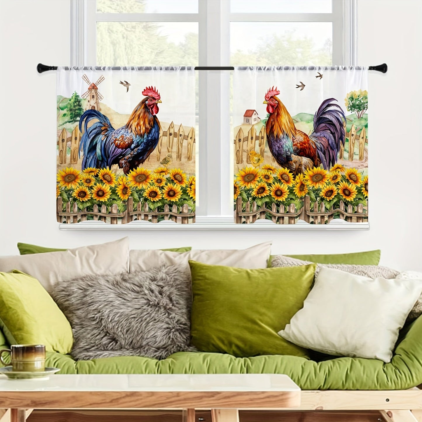 Rustic Farmhouse Chicken and Sunflower Curtain Set - 1 Valance and 2 Tiers, Pastoral Style, Rod Pocket Tulle Curtains for Bedroom, Office, Kitchen, Living Room, Study - Home Decor Window Decoration