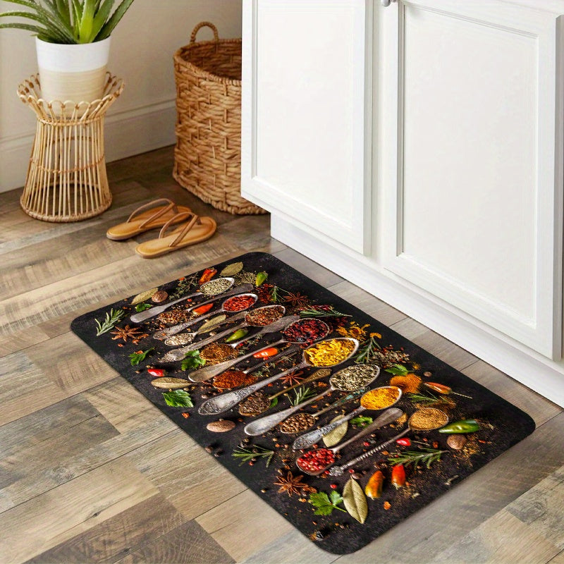 1 piece of Spices and Cutlery Patterned Mat for the Kitchen - Non-slip Kitchen Floor Rug, Home Decor and Room Decoration