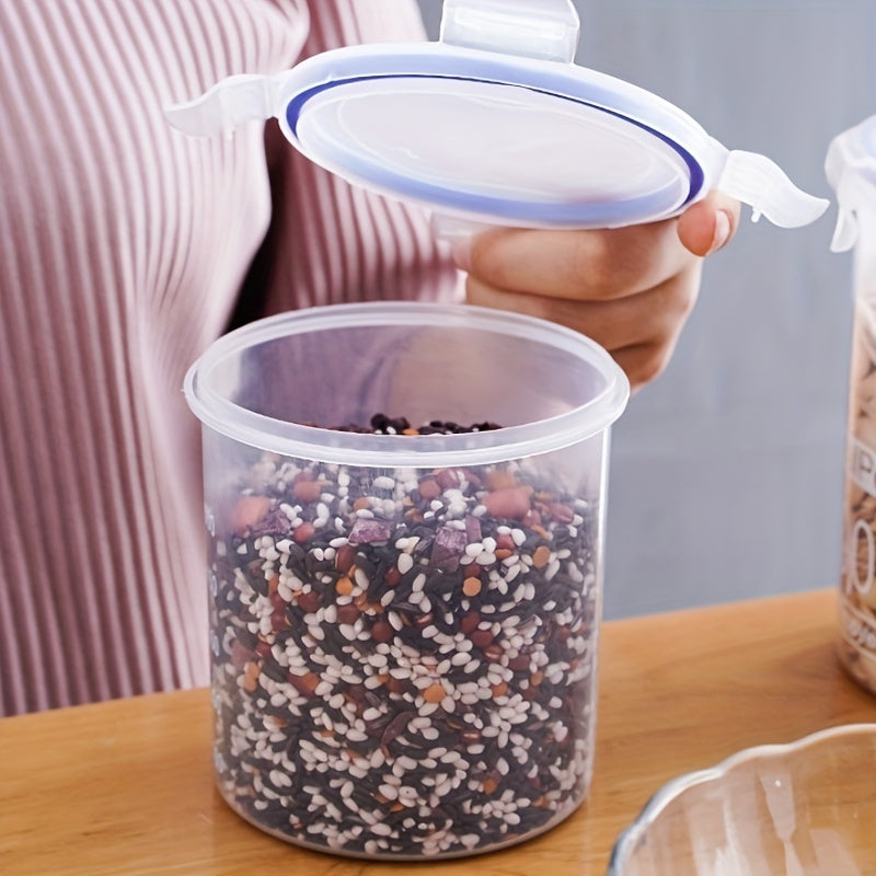 Set of 4 food storage containers featuring easy lock lids, clear airtight jars to keep food fresh, moisture-proof sealed boxes suitable for storing cereal, rice, pasta, flour, and sugar. Perfect for organizing your kitchen supplies.