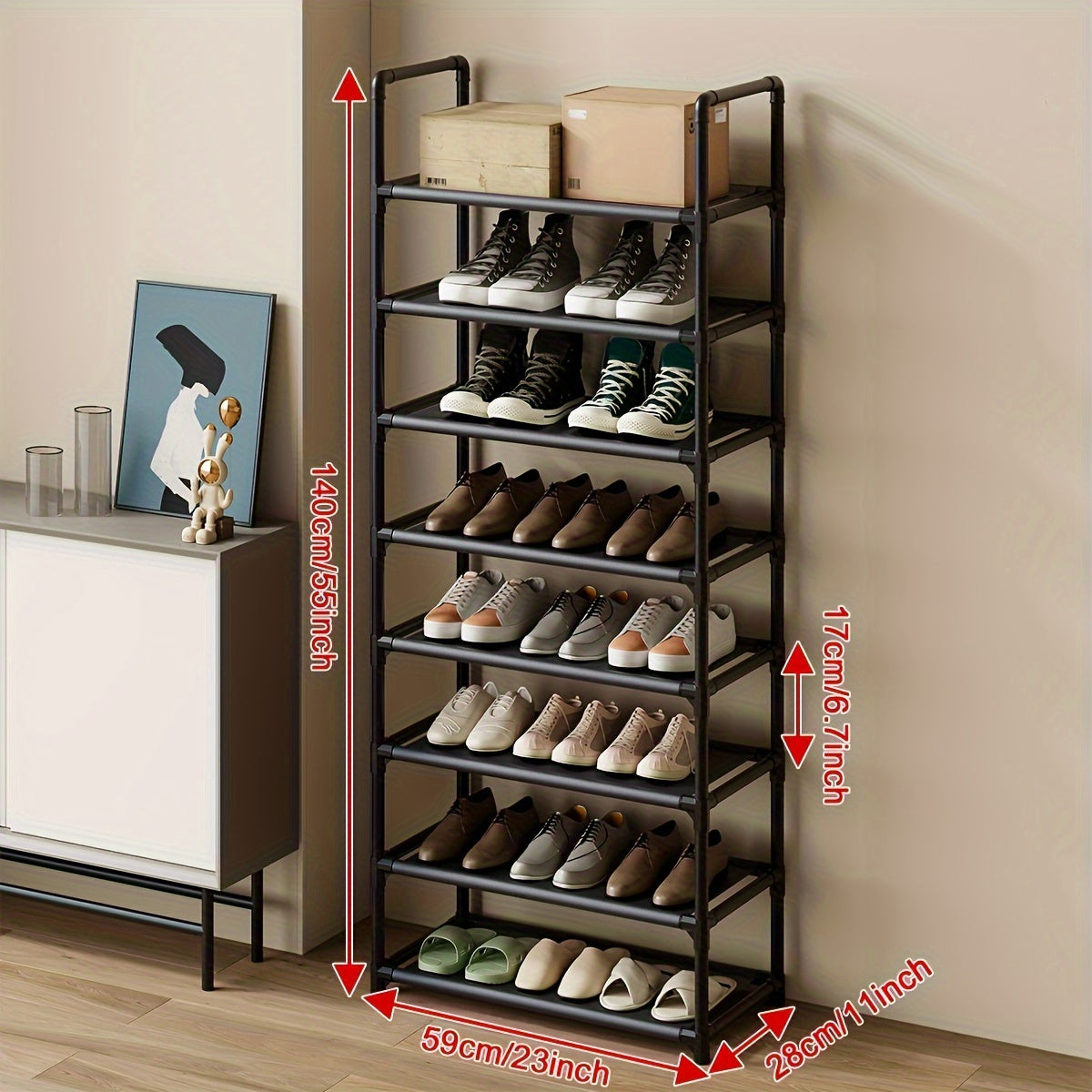 Free-standing shoe rack with multiple layers for easy storage of shoes in bedroom, hallway, bathroom, office, or any room in the house. Ideal for organizing and storing shoes and other household items.