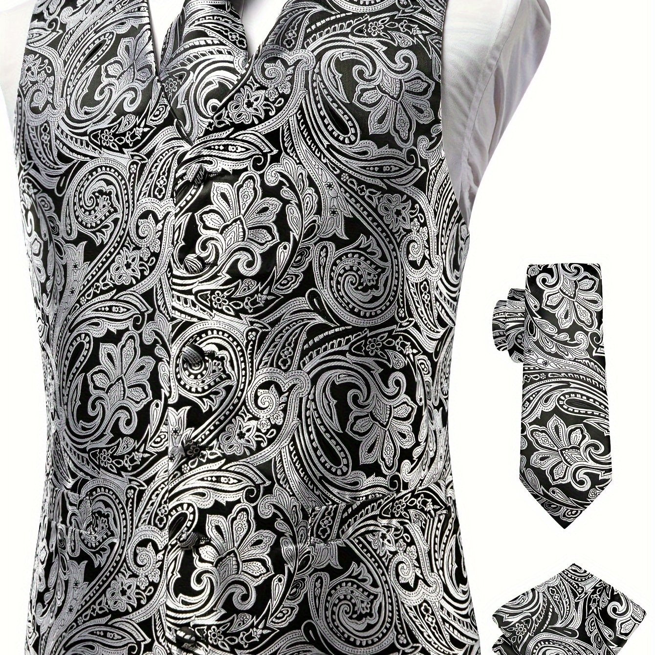 White paisley pattern accessories for big men: waistcoat, necktie, hanky, and cufflinks