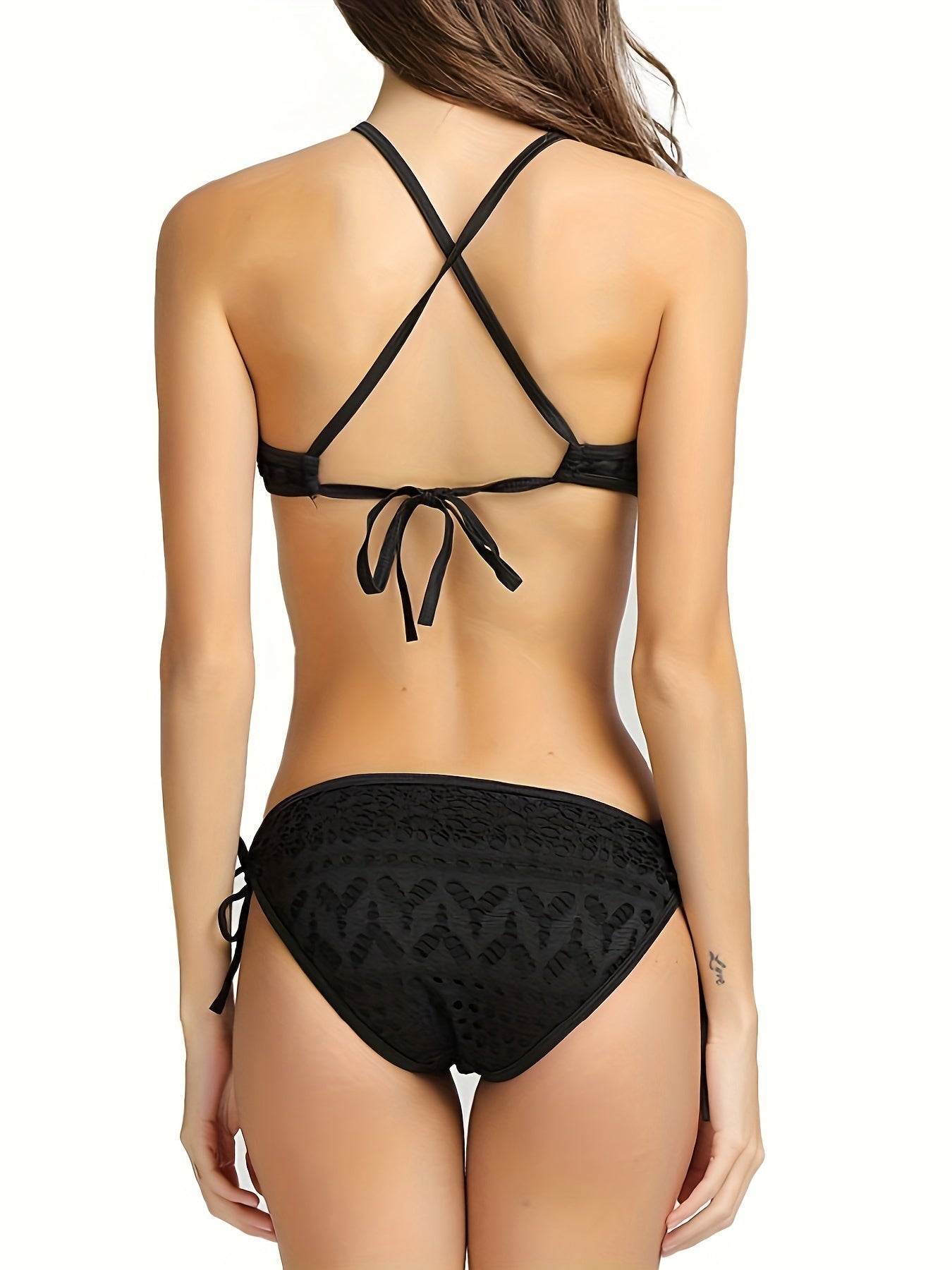 Stylish lace one-piece swimsuit with cutout design, removable pads, stretch fabric, and machine washable.