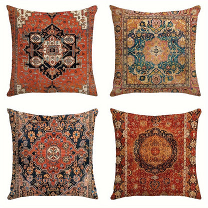 4 Boho Pillow Covers, 45.72x45.72 cm, Orange Red Ethnic Design, Outdoor Square Linen Cushion Covers for Home Sofa Bed Couch (No Pillow Core)