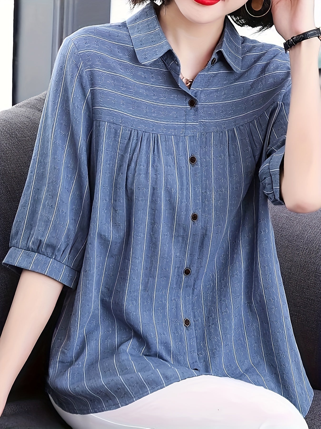 Striped print half sleeve shirt for women, perfect for spring and summer.