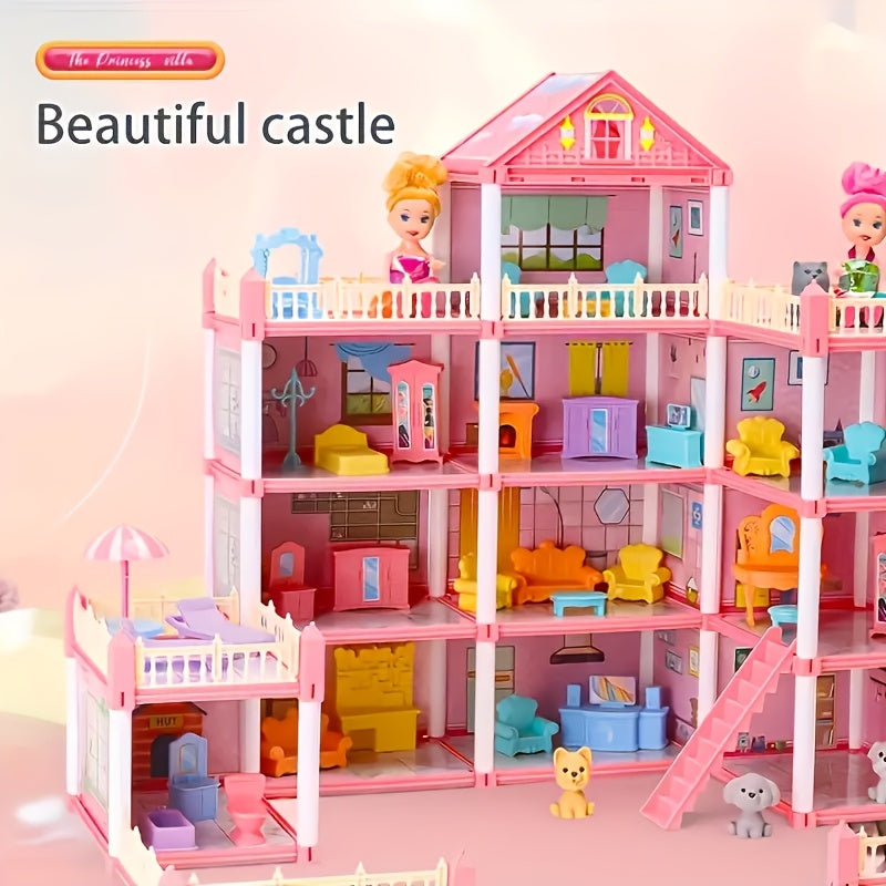 Luxurious 4-story dollhouse set with 4 dolls and accessories, perfect for children's pretend play. Available in pink or blue.