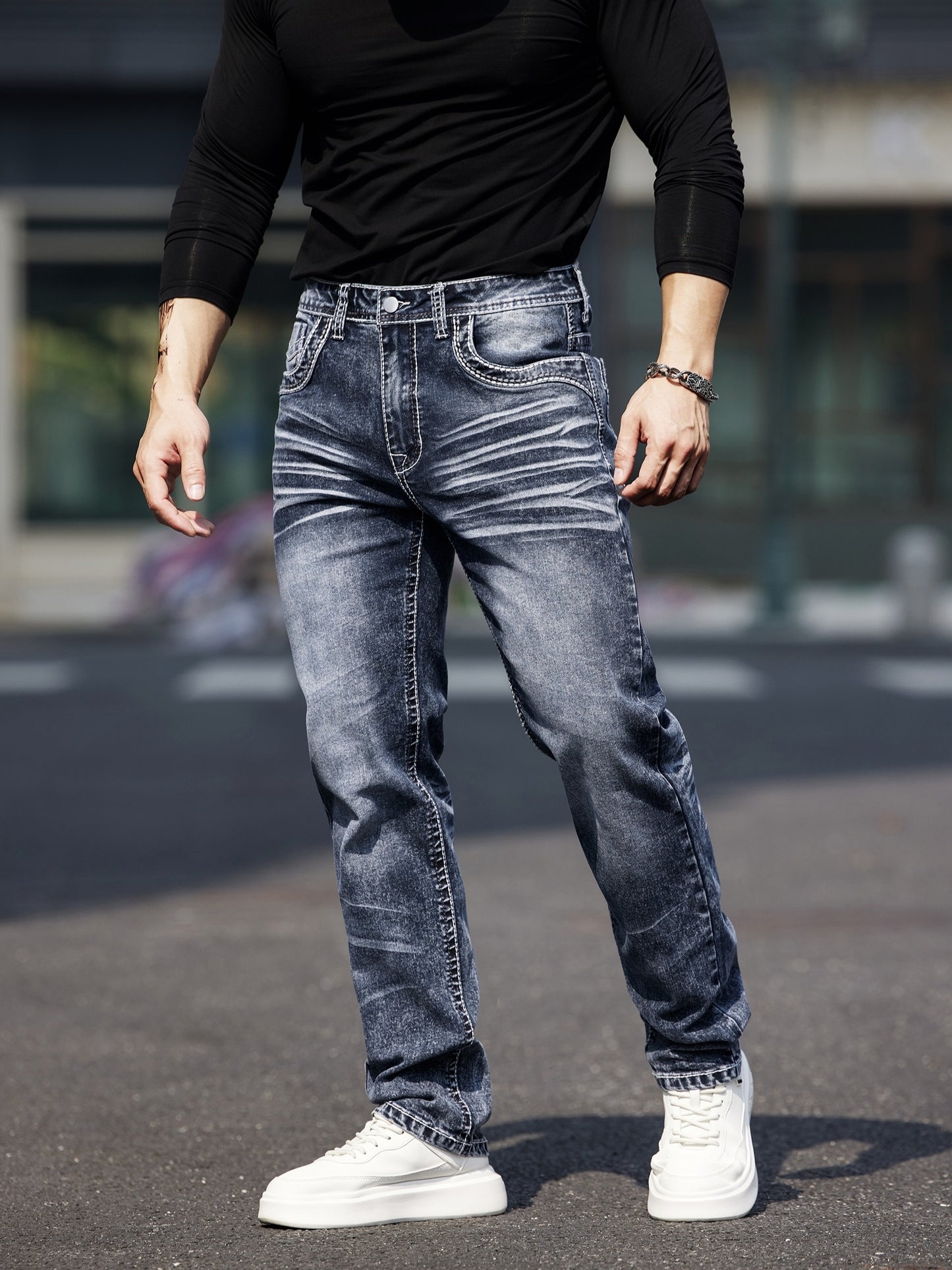 Men's Vintage-Inspired Embroidered Stretch Jeans with Patchwork Detailing - Slim Fit, Mid-Rise, Machine Washable