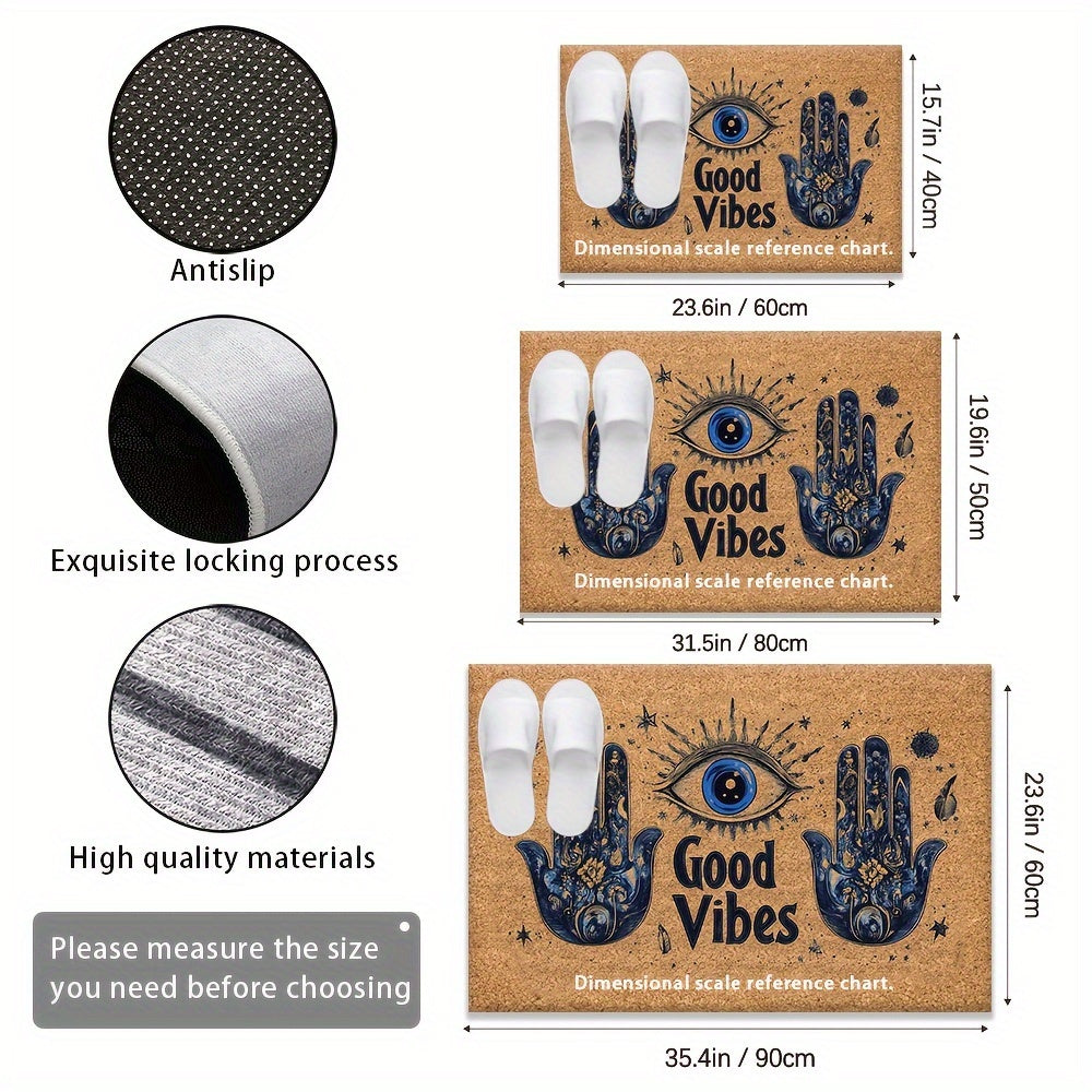 Non-Slip Evil Eye Welcome Mat: This machine washable polyester rug, with rubber backing, is perfect for both indoor and outdoor use. Ideal for the entryway, bedroom, or balcony, this lightweight rectangular floor mat makes the perfect Christmas gift for