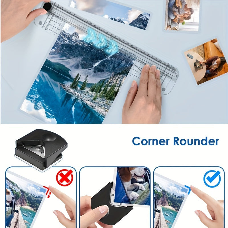 A versatile A4 laminator set with cutter and corner rounder, ideal for school, office documents, menus, and letter cards. It has hot and cold modes, measuring 22.86cm.