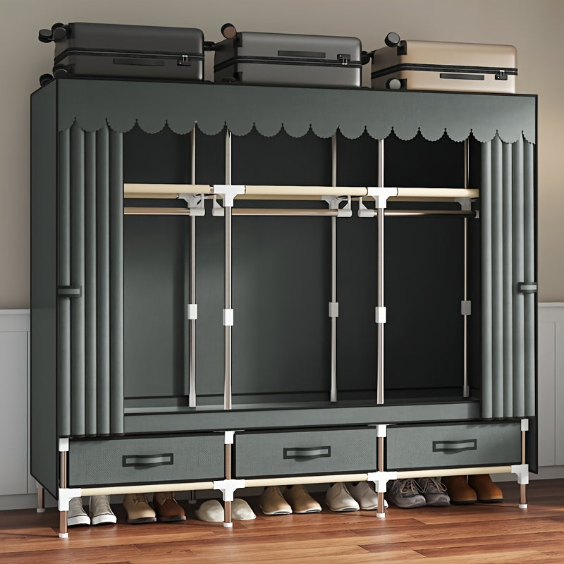 This modern wardrobe features a durable steel frame and sliding curtain for a sleek and space-saving design. Perfect for bedroom or dorm storage, this portable closet is both sturdy and stylish.