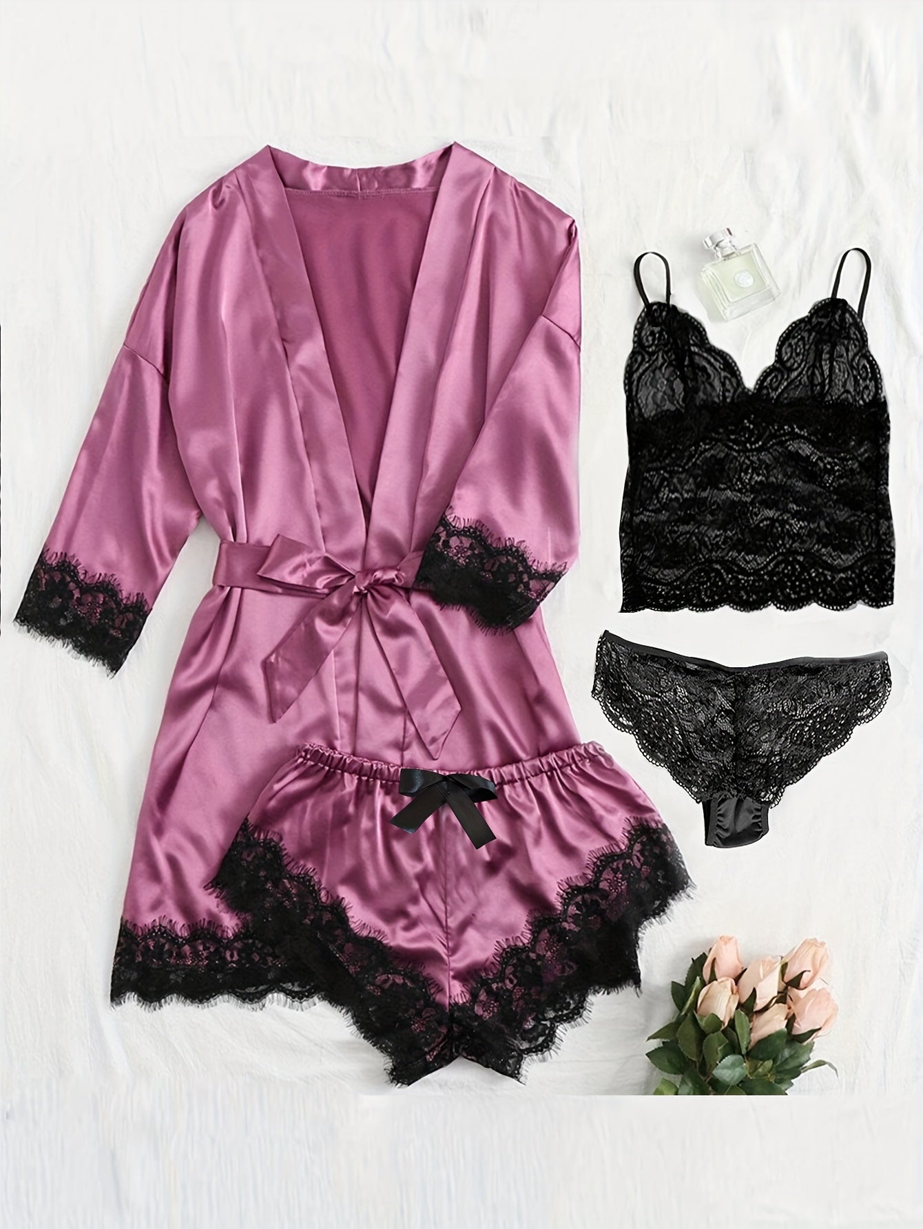 Satin lace lounge set with robe, cami top, and bottoms for women, featuring a sexy and comfortable design.