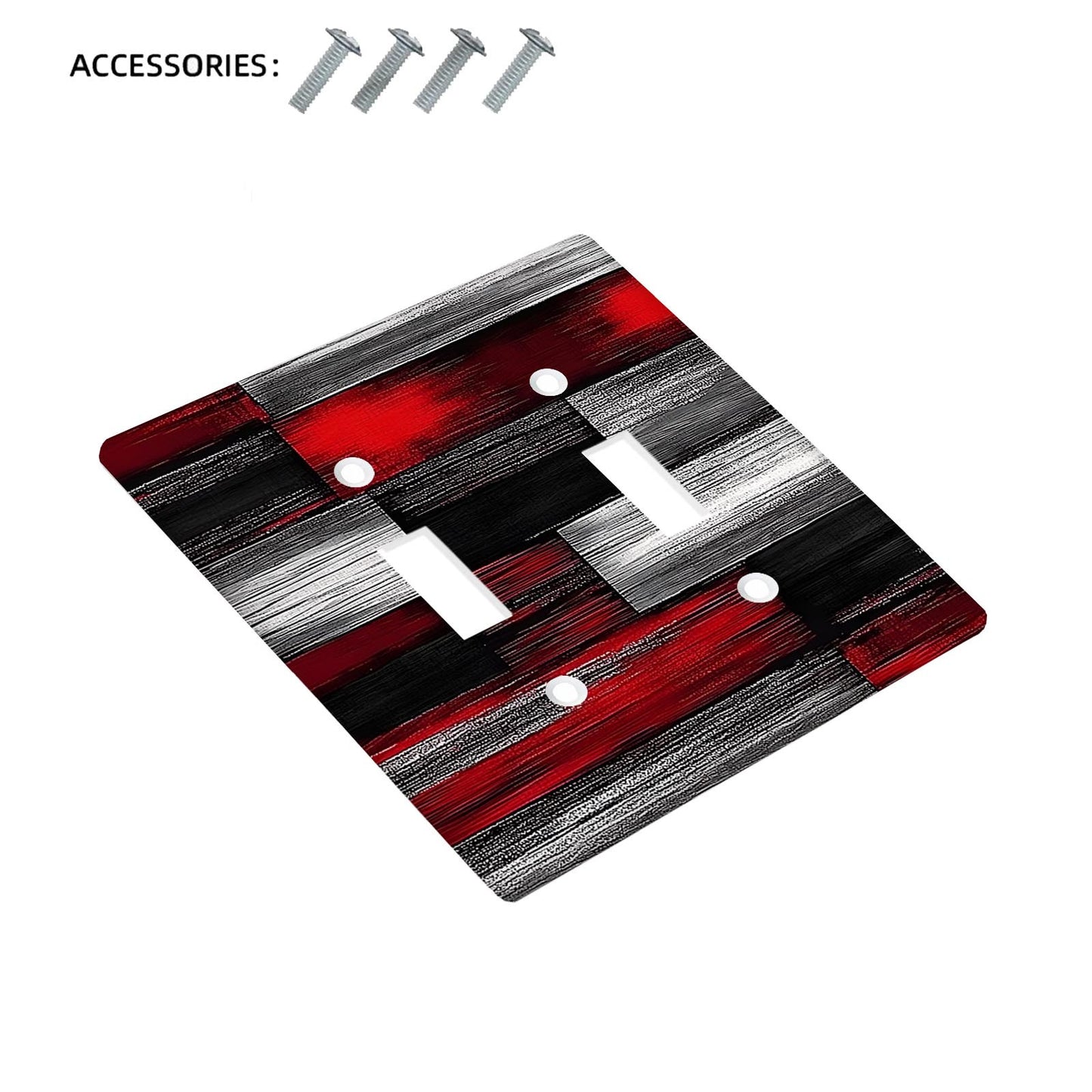 1pc decorative wall switch plate in red, black, and gray. No wiring or battery required. Durable mount for home and office decor. Fits toggle, duplex, and rocker outlets.