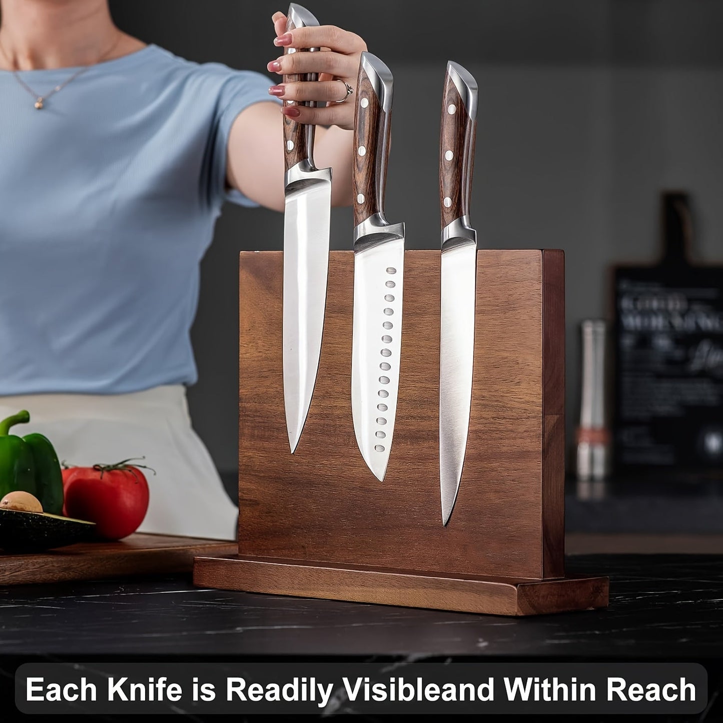 Wooden Magnetic Knife Holder - Dual-Sided Knife Block Without Knives - Strong Enhanced Magnets for Universal Knife Storage - Multifunctional Knife Display Rack for Kitchen Counter