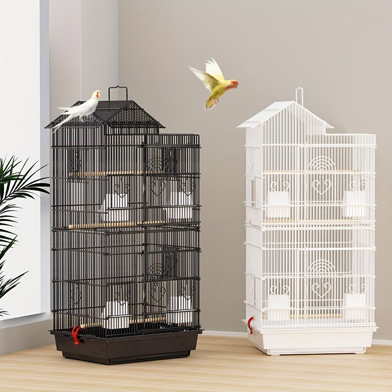 Large multi-layer bird cage with welded wire mesh for one pet bird.