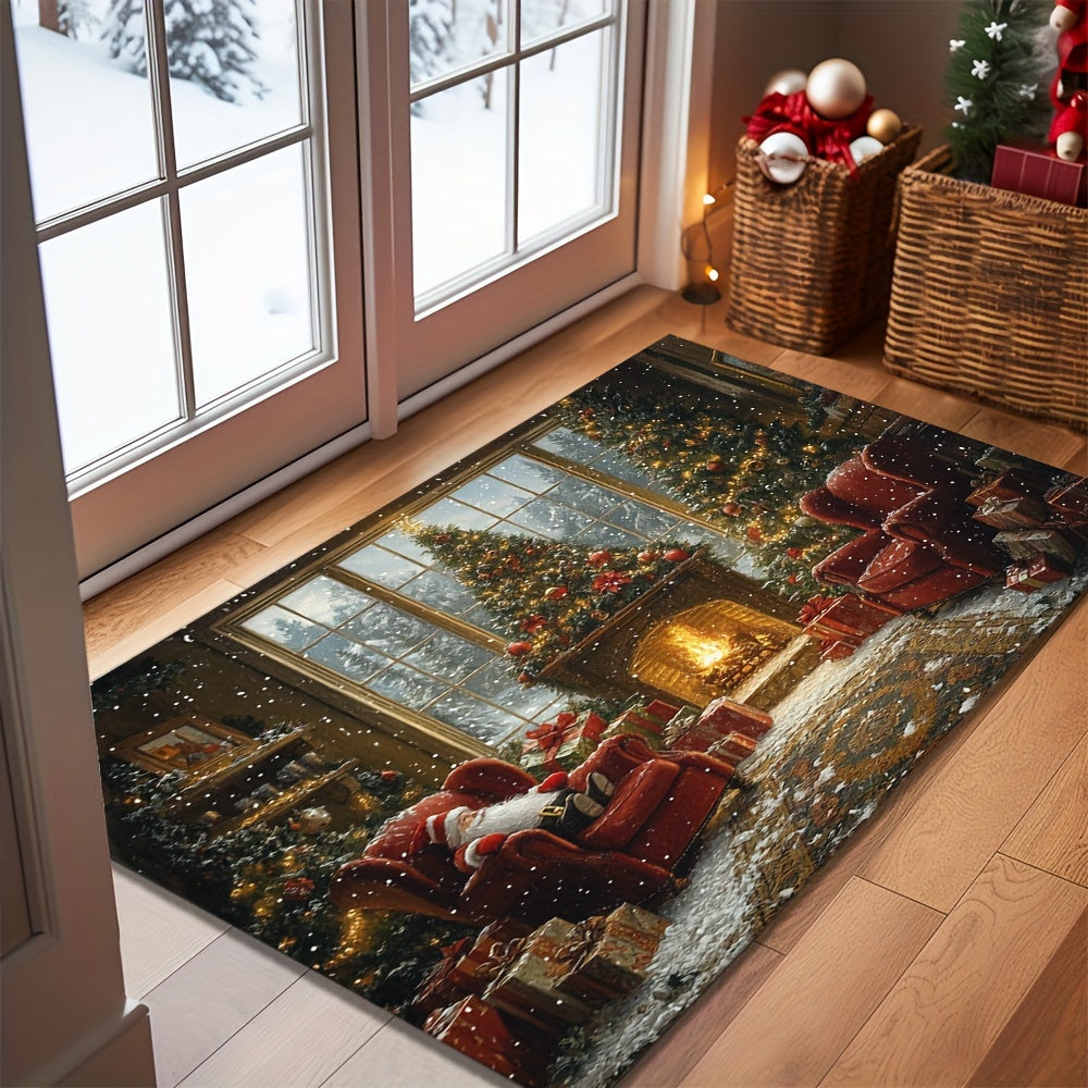 Non-Slip Rubber Backed Christmas Holiday Doormat featuring Santa Claus and Fireplace Design, Washable Polyester Rectangular Entrance Mat with Festive Xmas Tree Floor Decoration. This lightweight braided rug is the perfect addition to your holiday décor.