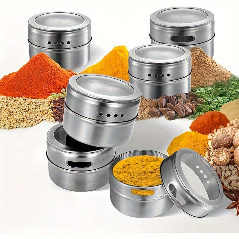 Set of 12 magnetic spice containers including seasoning jars, spice jars, and spice tins. Also includes salt and pepper shakers, spice shakers, and a salt bottle. Perfect addition to any kitchen accessories collection.