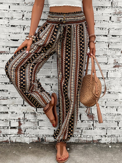 Ethnic style printed pants for women with pocket, button, and elastic waist in plus-size.