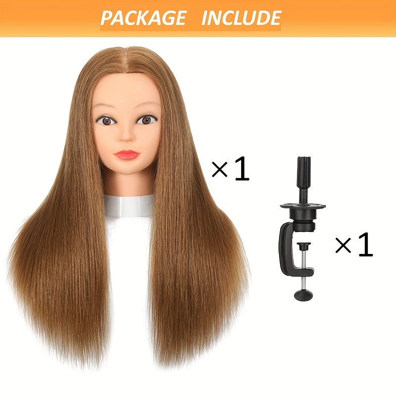 Mannequin head with real human hair for hairstylist training, includes free clamp holder