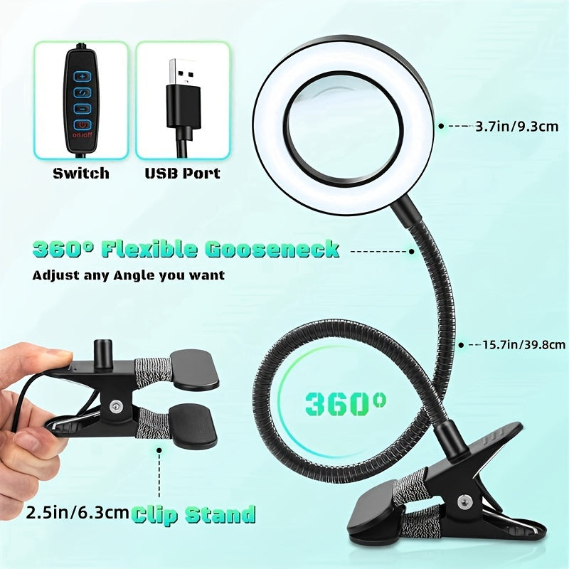 Multi-functional LED desk lamp with magnifying mirror and dimmable, eye-friendly clip-on light for reading, office work, and crafting, powered by USB.