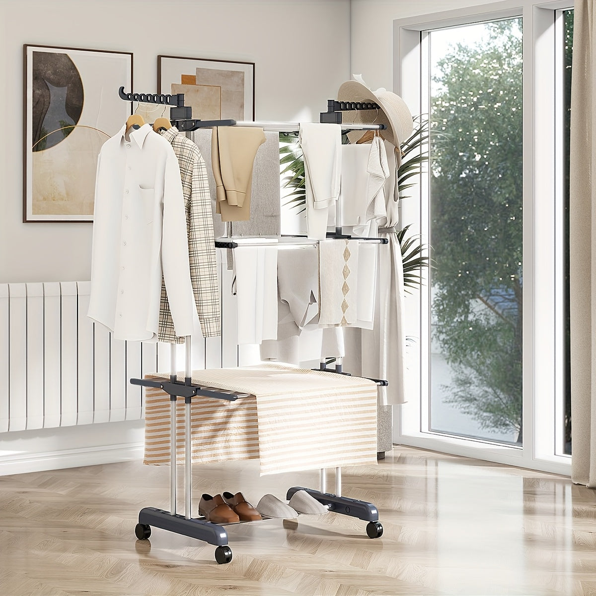 A versatile drying solution featuring a three-tiered drying rack, adjustable rolling laundry rack with a foldable drying rod, and a large clothes dryer on wheels. Perfect for indoor and outdoor use, these drying racks make the perfect back-to-school