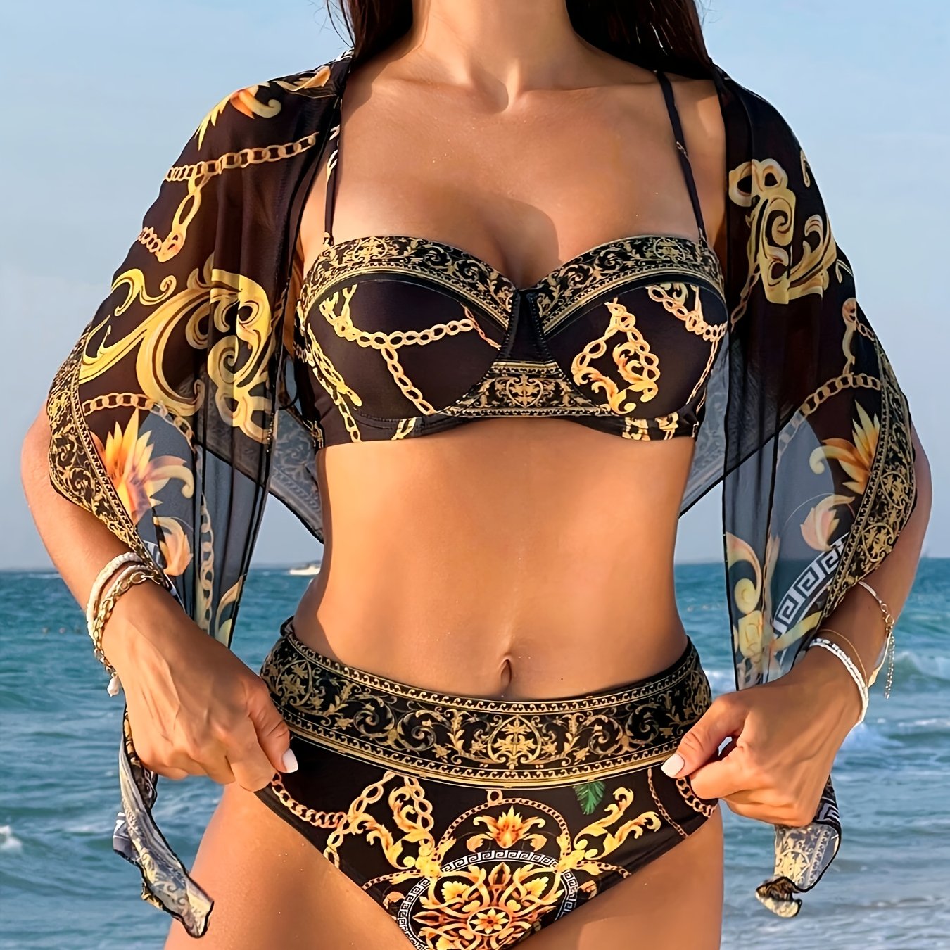 Boho Style Off the Shoulder Bikini Set with Geometric Pattern, High Stretch Polyester Elastane Swimwear for Women