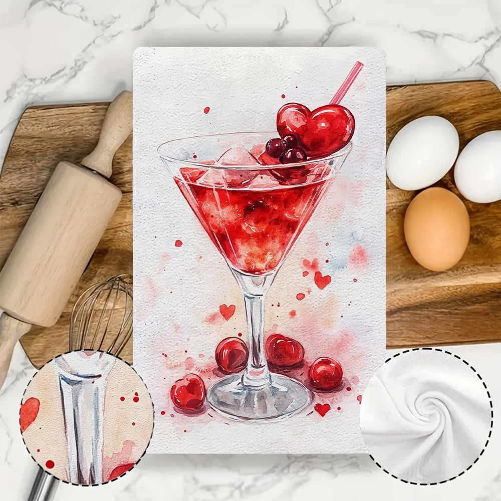 Set of 2 Ultra Soft Kitchen Towels with Valentine's Day Cherry Cocktail Design. These highly absorbent and machine washable dish hand towels measure 40.64x60.96 cm. Perfect for holiday decor, these dish towels are both functional and stylish.