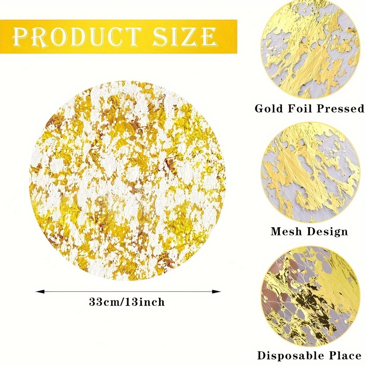 12 Golden Foil Round Placemats for weddings, parties, banquets, and restaurant decor.