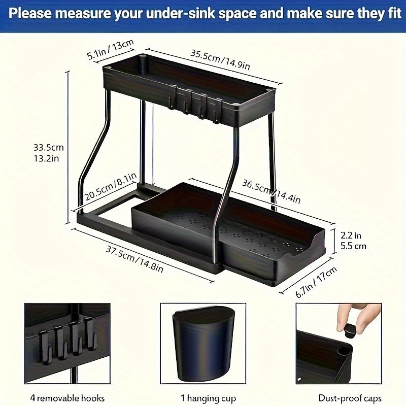 Two-tier under-sink storage organizer with plastic sliding drawer, versatile rack for bathroom and kitchen, available in black and white - cabinet organizer