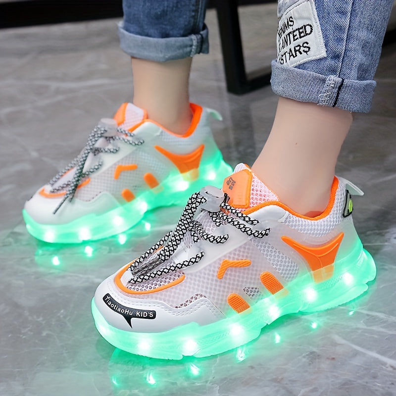 Children's LED light-up sneakers with breathable mesh, non-slip soft sole, and trendy street style for nighttime visibility, ideal for outdoor play and sports in white/blue/orange designs.