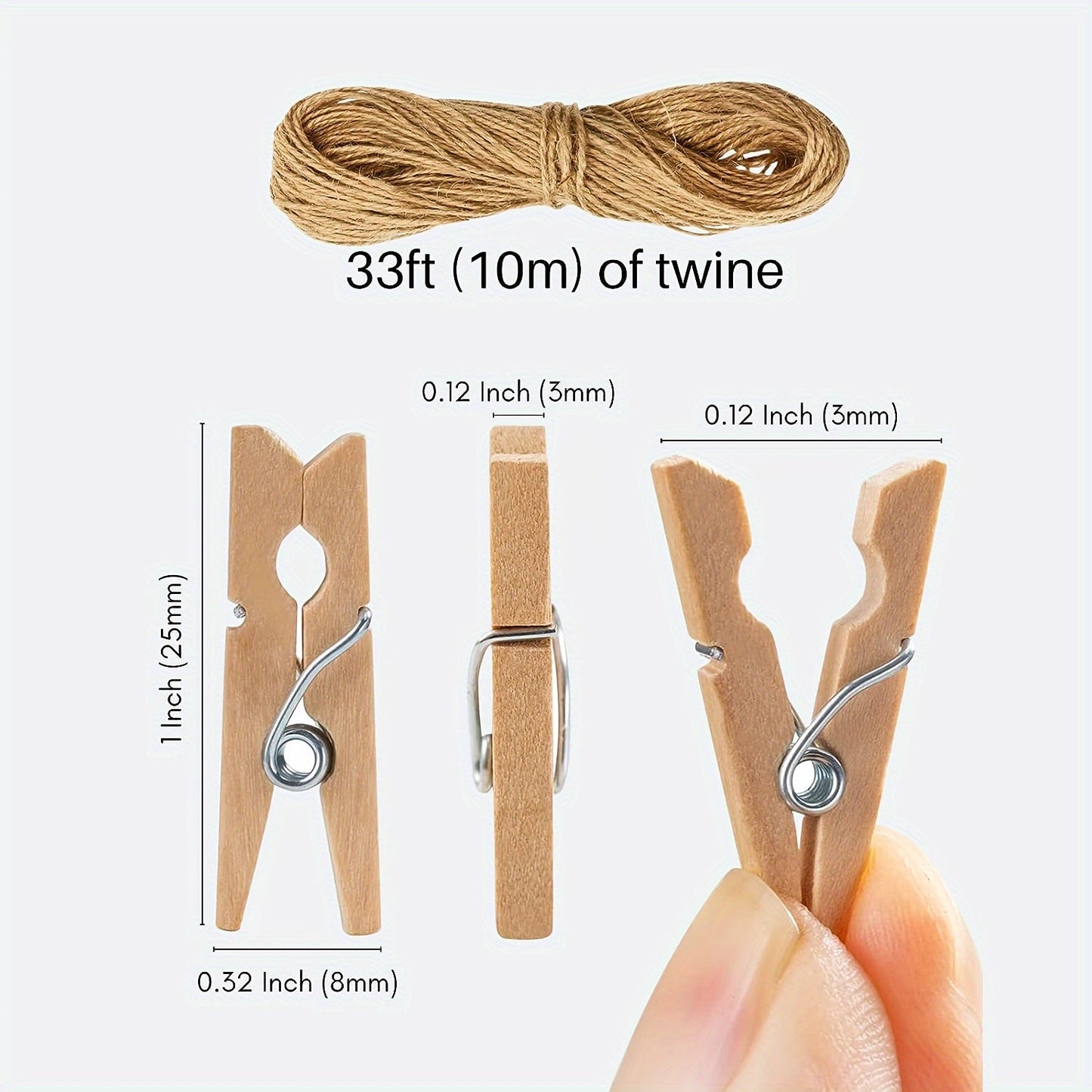 200 pieces of 1-inch wooden mini clothespins with 10.06 meters of jute twine. Made from durable hardwood with strong springs, perfect for photos, crafts, arts, cocktails, and home decor.